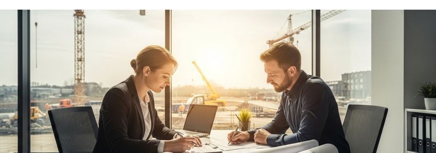 Contractor reviewing skid steer financing documents at construction site office