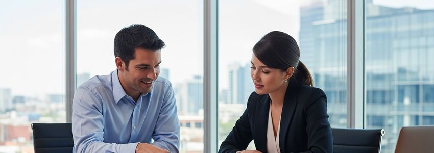 Business professionals reviewing small business loan documents and financing options in a modern Salt Lake City office