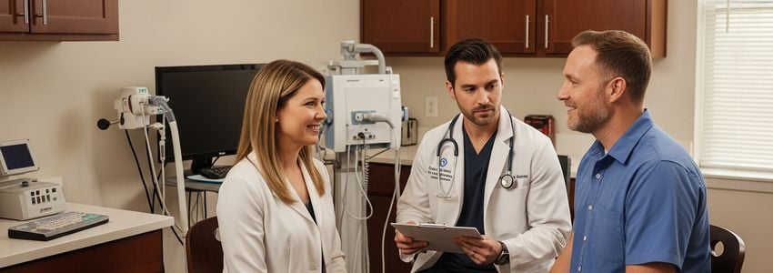 Healthcare professional consulting with patient in modern sleep study center