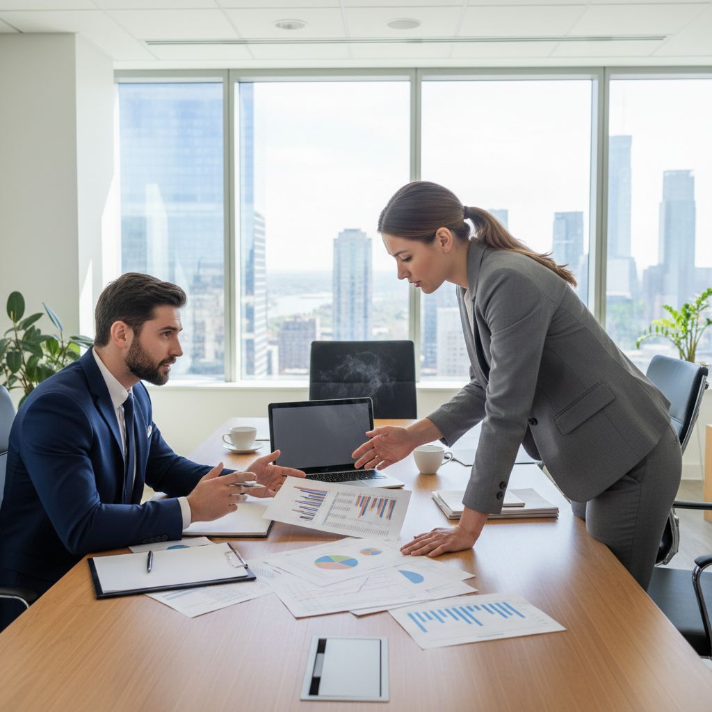 Business owner and financial advisor reviewing cash flow forecasts at a conference table