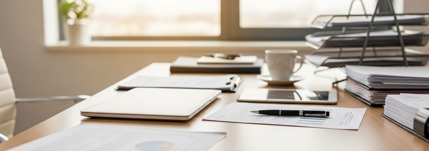 Small business owner researching grant opportunities at a professional office desk