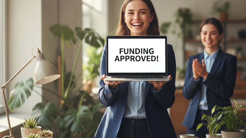 Small business owner celebrating receiving business funding news on a laptop