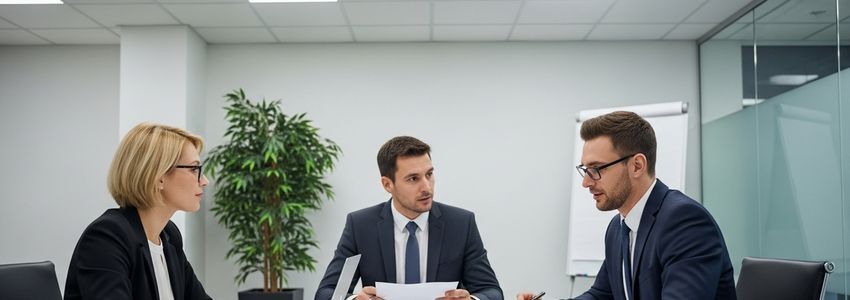 Small business professionals reviewing insurance coverage options in a conference room meeting