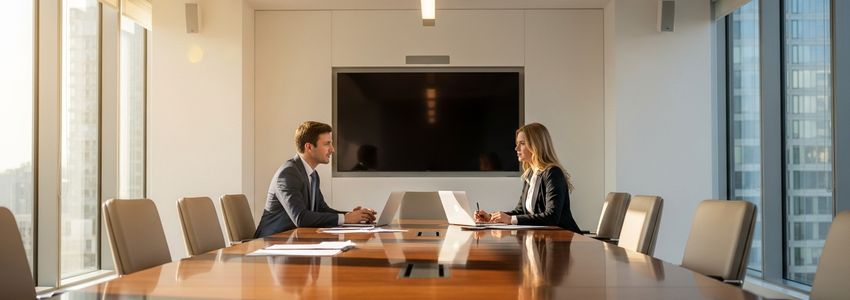 Two business professionals discussing a line of credit application at a conference table