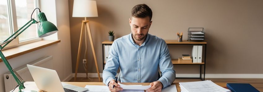 Small business owner reviewing financing options with loan documents and credit cards on desk