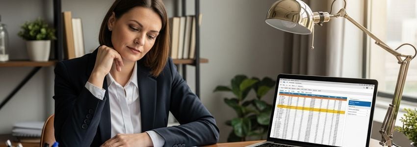 Small business owner reviewing loan application documents and financial paperwork at a desk
