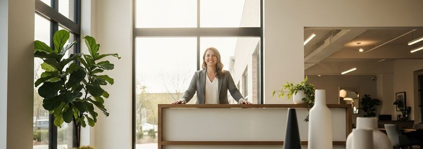 Business owner reviewing small business loan interest rate options with financial advisor in modern office