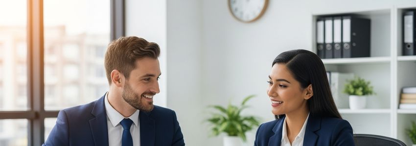 Business owner and lending advisor reviewing small business loan pre-approval documents
