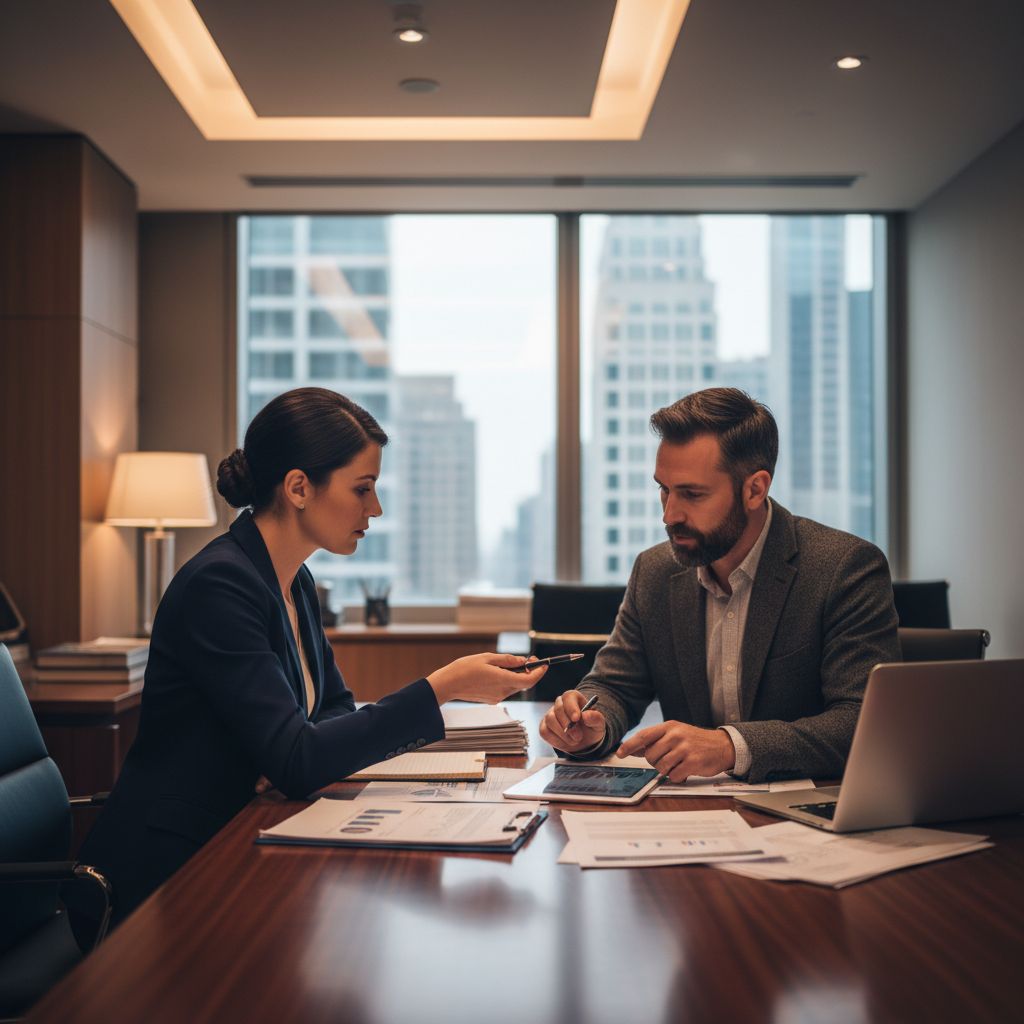 Bank loan officer reviewing business loan documents with a small business owner