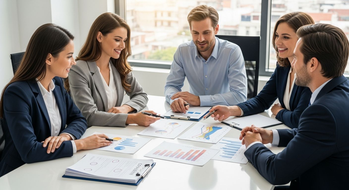Small business owners and advisors reviewing loan options and statistics in a collaborative meeting