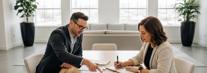 Two small business owners reviewing loan documents at a modern office in Albuquerque, New Mexico