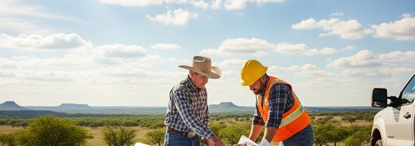 Small business owners reviewing plans in the Texas Panhandle near Amarillo - representing the agricultural and construction industries served by small business loans