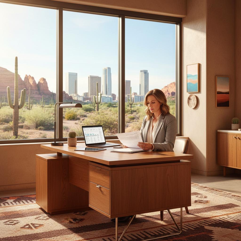 Arizona entrepreneur reviewing business loan documents at a modern Phoenix office
