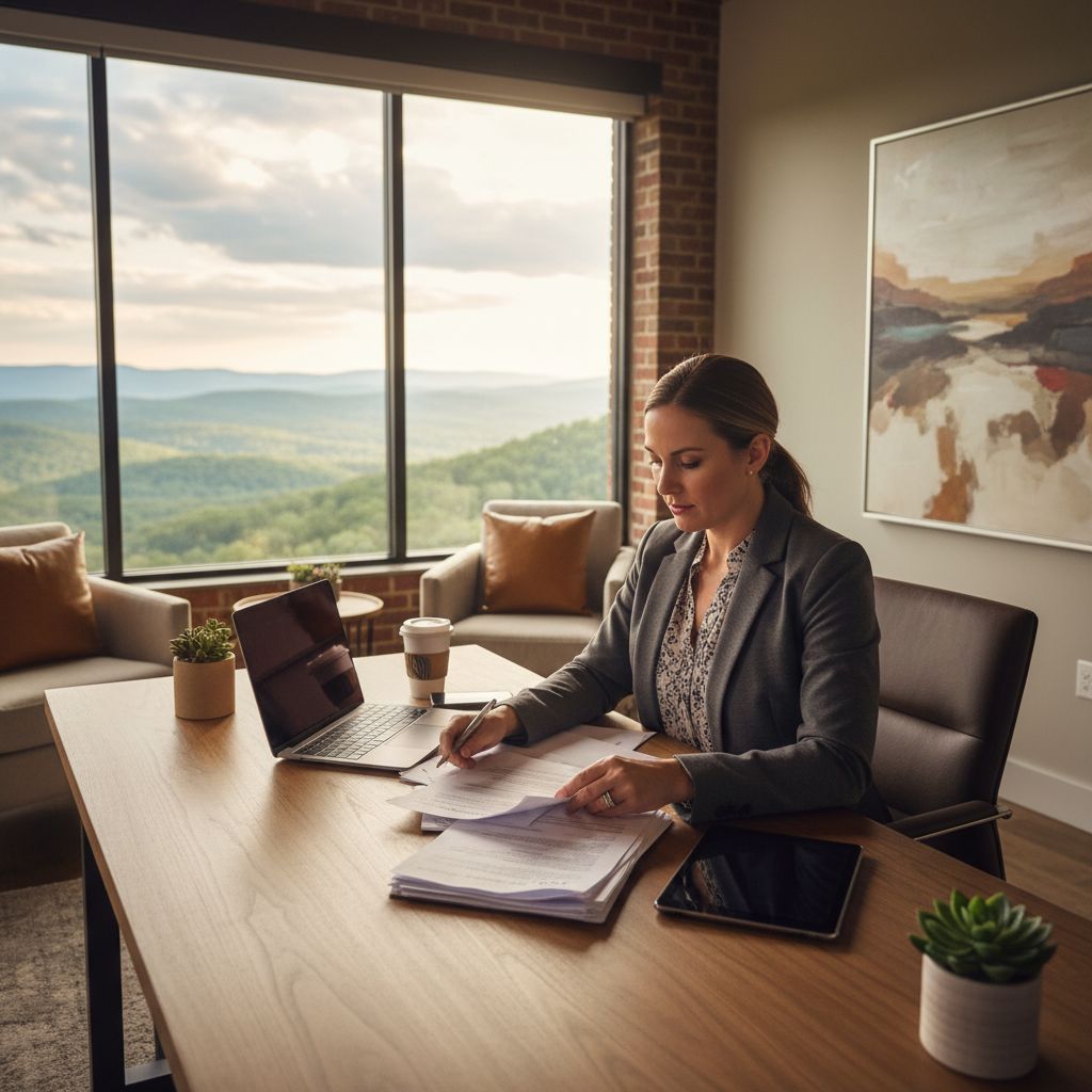 Arkansas entrepreneur reviewing business loan documents at a modern office desk with Ozark mountains visible