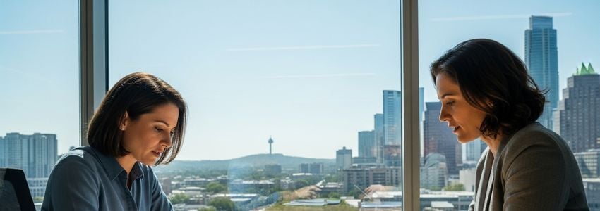 Small business advisor discussing loan options with an Austin, Texas entrepreneur at a modern office