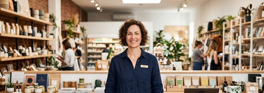 Small business owner at retail store counter in Burlington, Vermont, representing the local entrepreneurial spirit