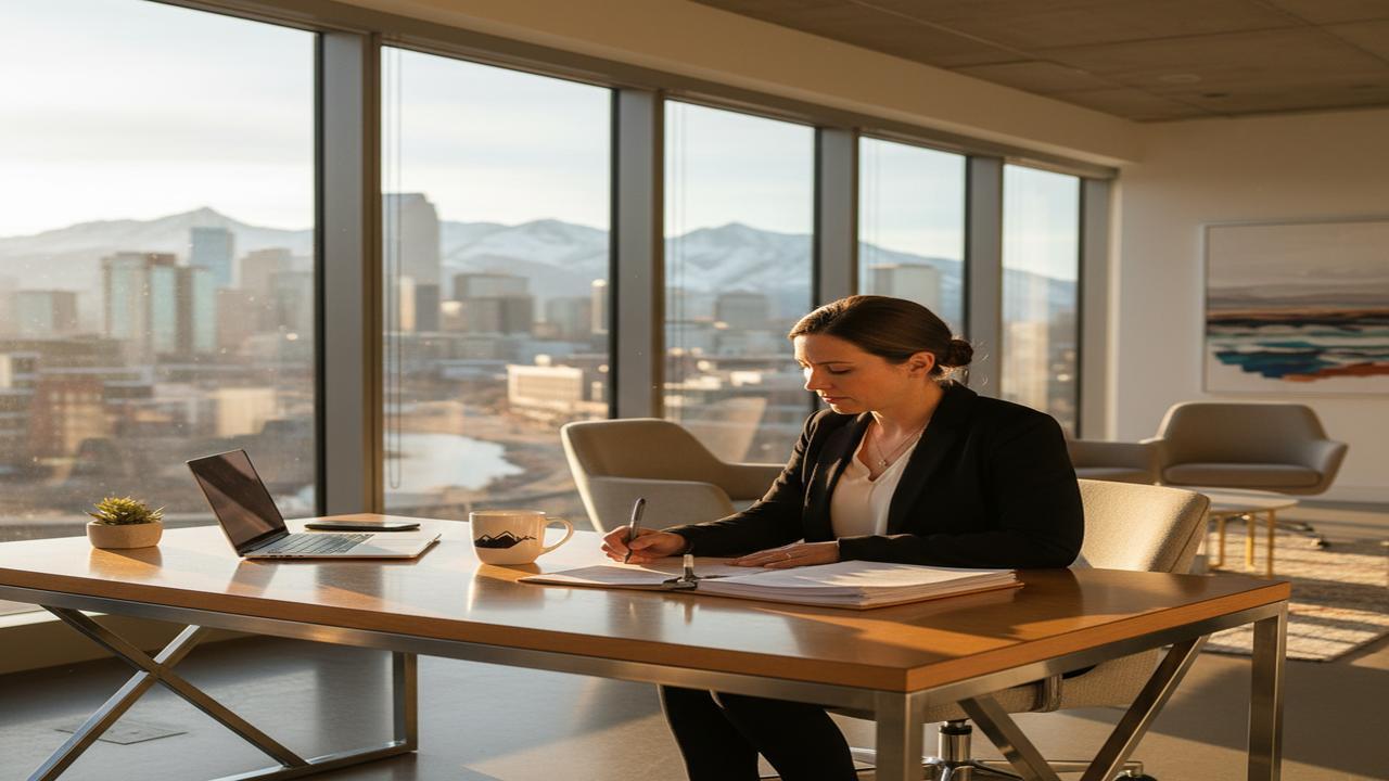 Colorado entrepreneur reviewing business loan documents at a modern mountain-view office