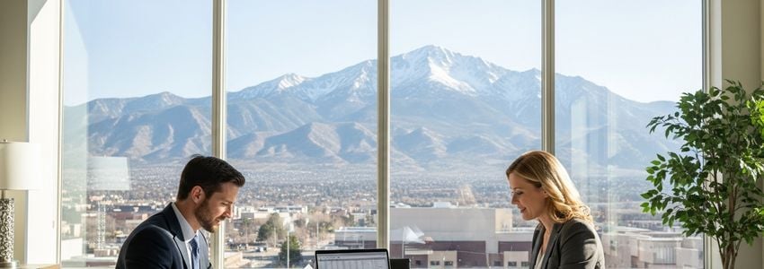 Small business owner and financial advisor reviewing loan documents at a Colorado Springs office with Pikes Peak visible through the window