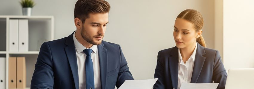 Small business owner reviewing loan documents at a desk