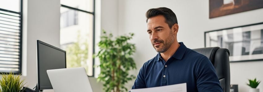 Small business owner in Edinburg Texas reviewing loan documents at an office desk