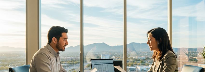 Small business owner and financial advisor discussing small business loans in El Paso, Texas at a modern office