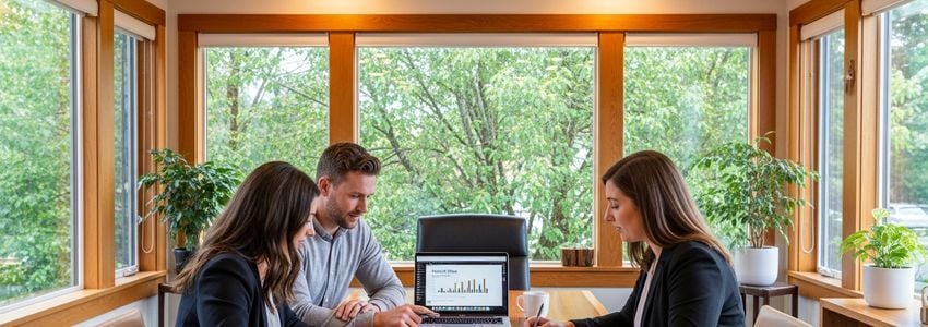 Small business team meeting in Eugene Oregon office reviewing financing options