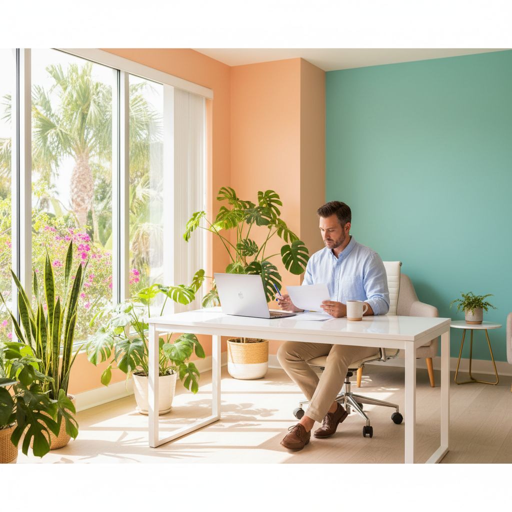 Florida entrepreneur reviewing business loan documents in a bright Florida office