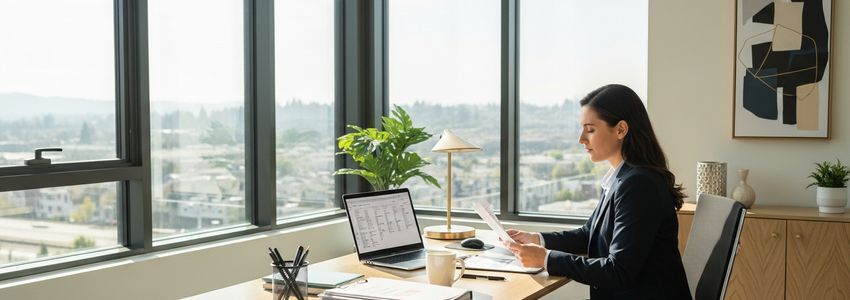 Fremont California business owner reviewing small business loan documents at a modern Bay Area office desk