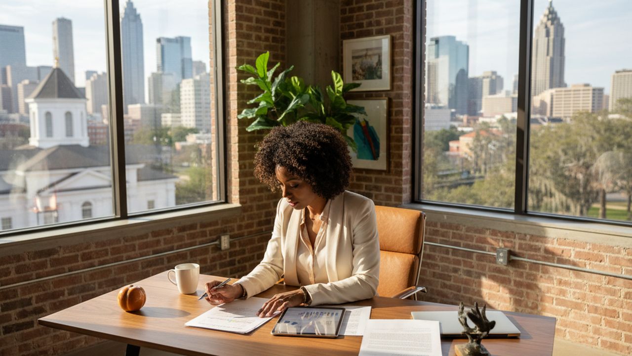 Georgia entrepreneur reviewing business loan documents in a modern Atlanta office