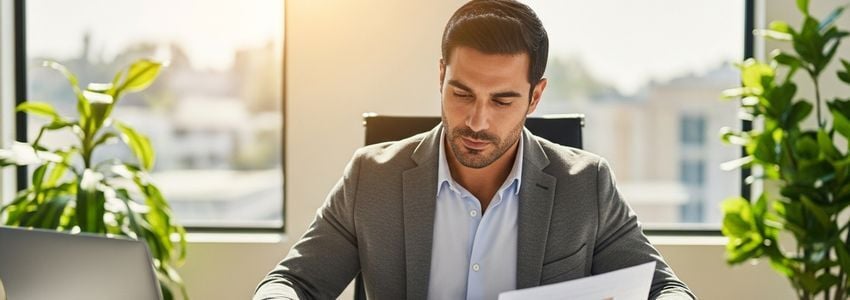 Small business owner in Glendale, California reviewing loan documents at a modern office desk