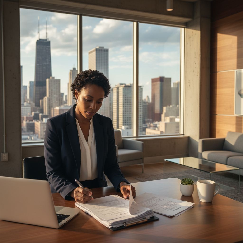 Illinois entrepreneur reviewing business loan documents at a modern Chicago office