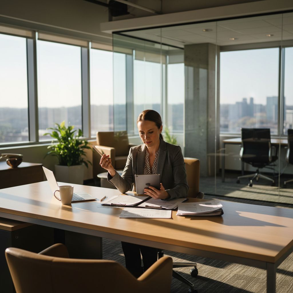 Indiana entrepreneur reviewing business loan documents at a modern office desk