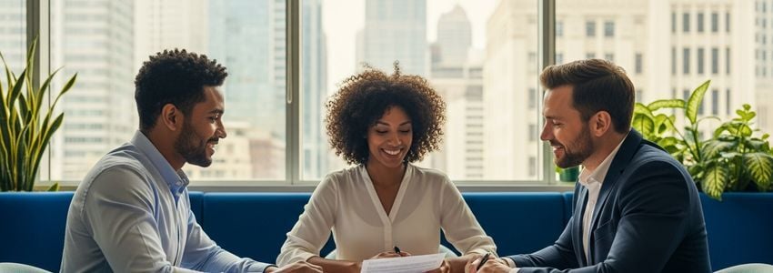 Indianapolis small business owners reviewing loan documents in modern office