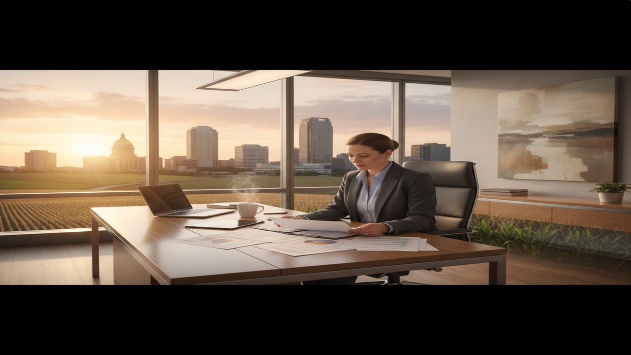 Iowa entrepreneur reviewing business loan documents at a modern office desk