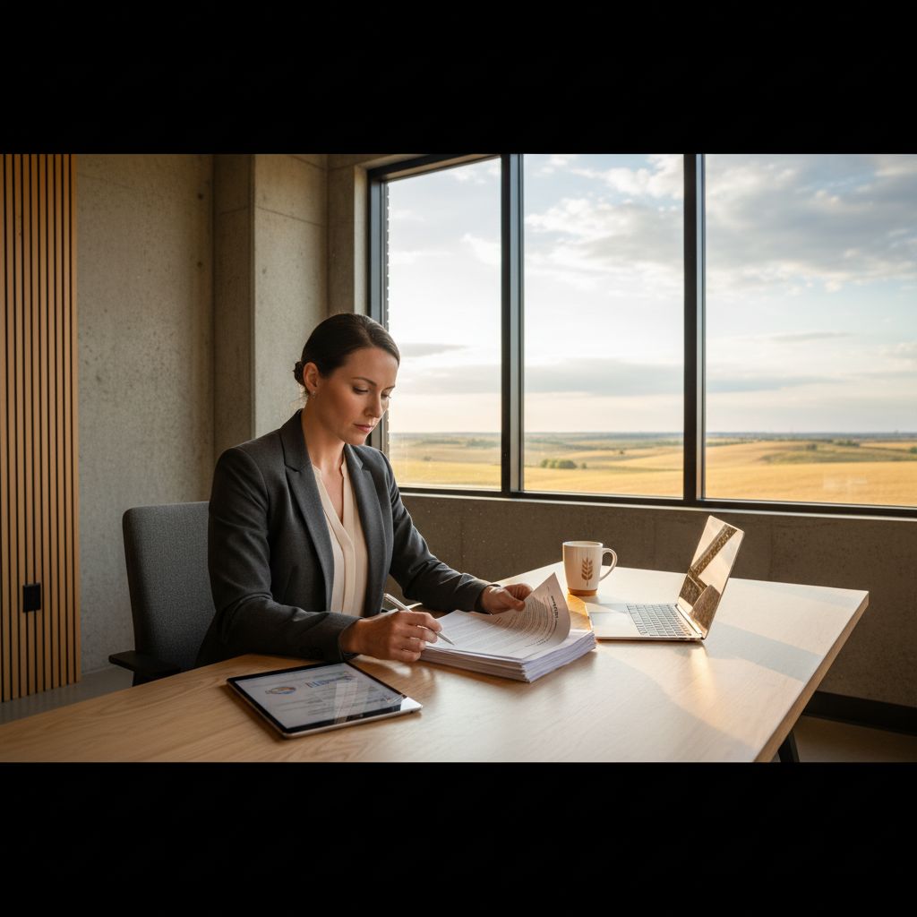 Kansas entrepreneur reviewing business loan documents at a modern office desk