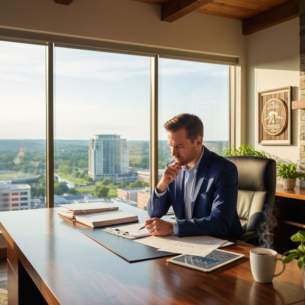 Kentucky entrepreneur reviewing business loan documents at a modern office desk