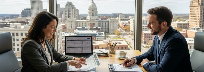 Small business owner reviewing loan documents with a financial advisor in Lansing, Michigan office