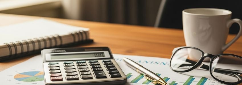 Business financial planning workspace showing calculator, charts, and financial documents for small business loan analysis in Little Rock Arkansas