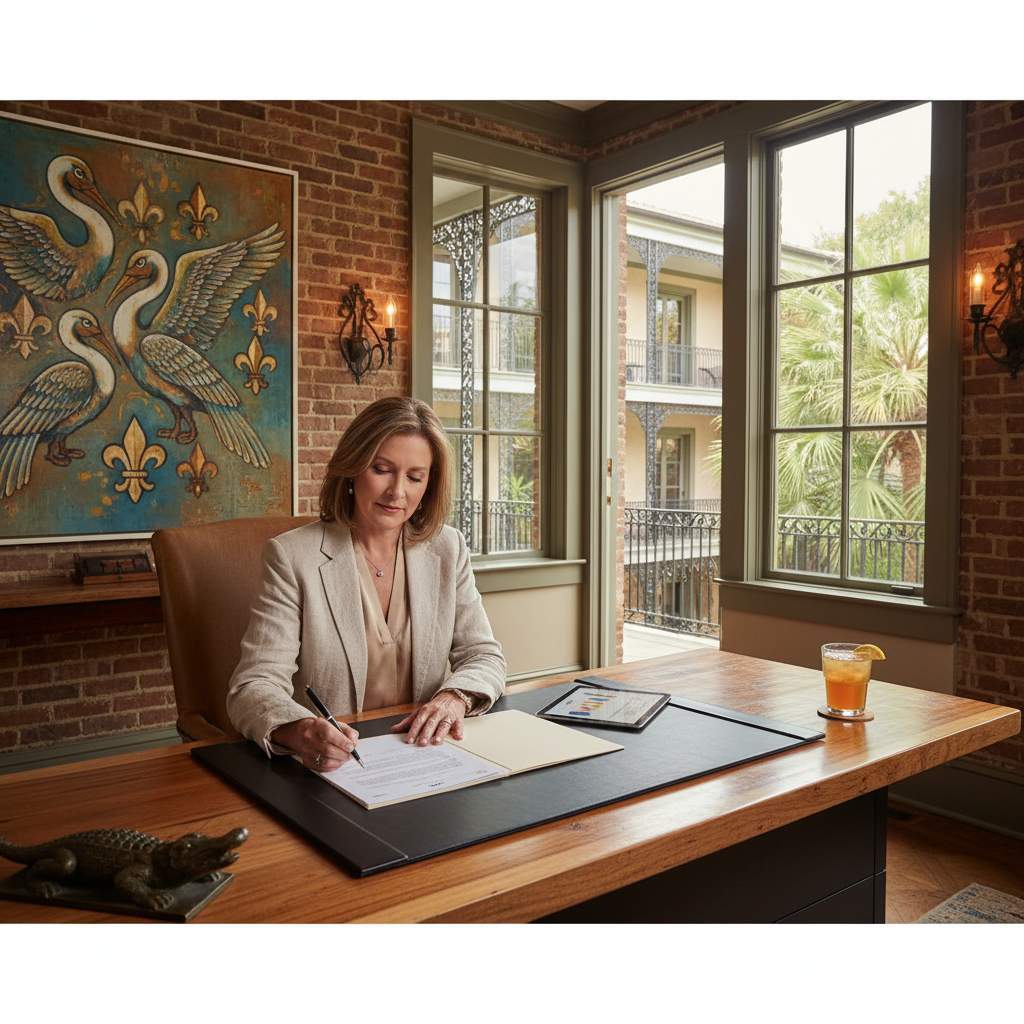Louisiana entrepreneur reviewing business loan documents at a modern office in the Pelican State
