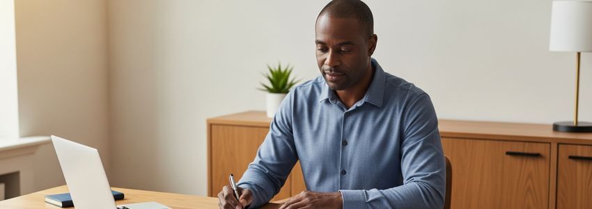Business professional reviewing small business loan documents in a Macon Georgia office setting