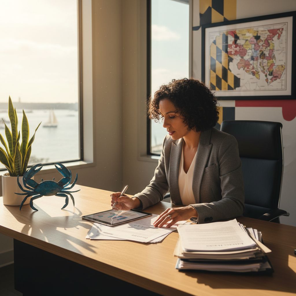 Maryland entrepreneur reviewing business loan documents at a modern office desk