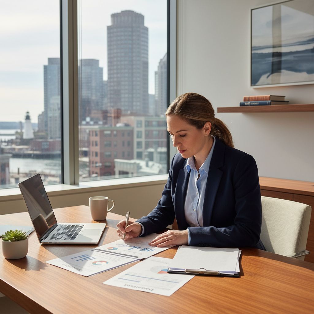 Massachusetts entrepreneur reviewing business loan documents at a professional office desk