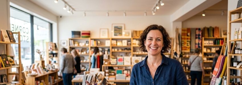 Small business owner in Metairie Louisiana retail store smiling at counter