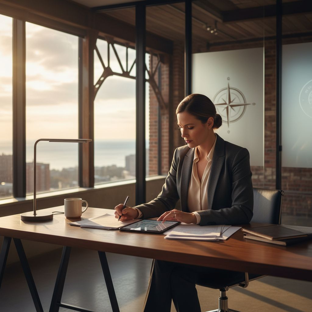 Michigan entrepreneur reviewing business loan documents at a modern office