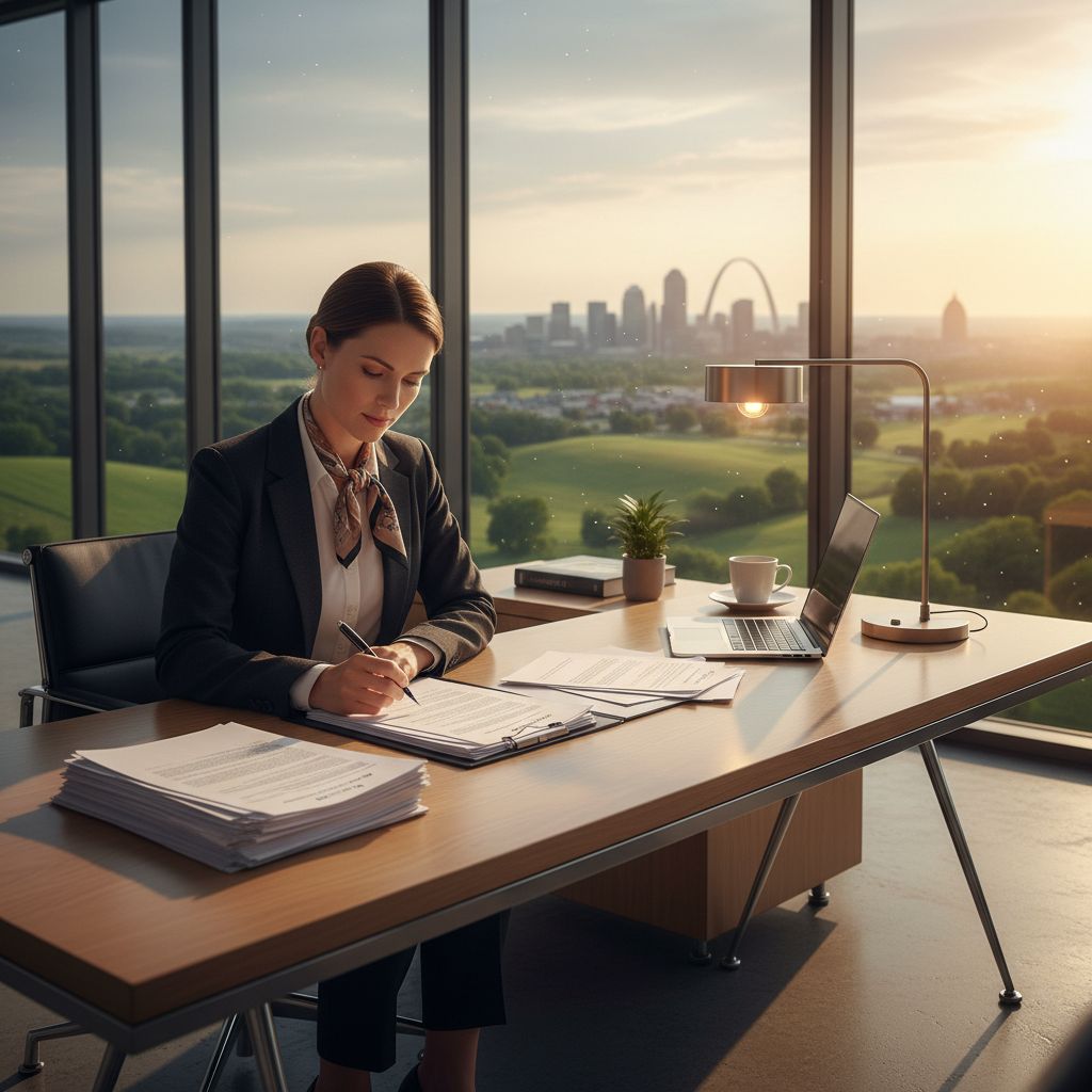 Missouri entrepreneur reviewing business loan documents at a modern office desk
