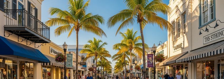 Naples Florida small business district with palm trees and storefronts on a sunny day