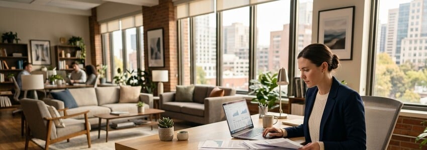 Small business owner reviewing financial documents in a professional New Hampshire office