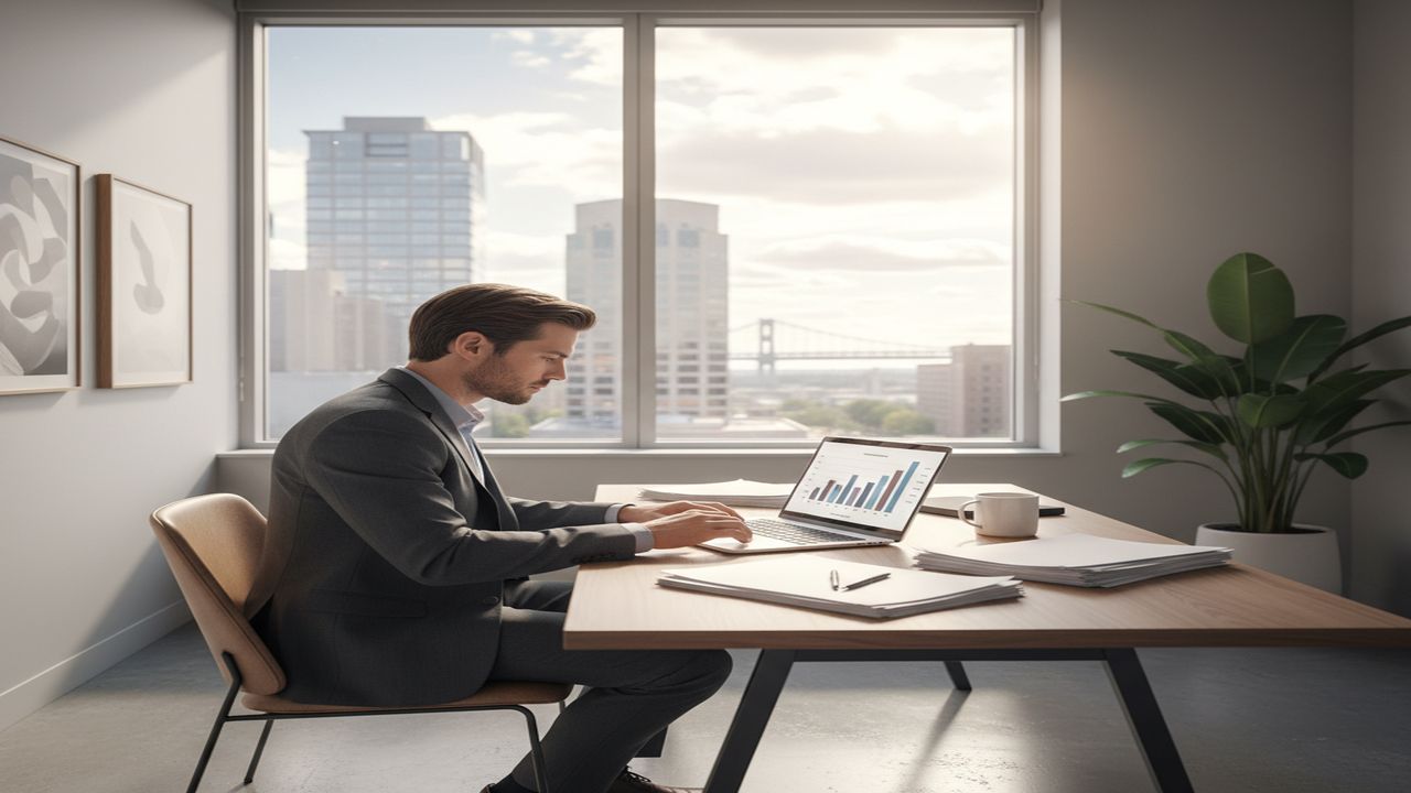 New Jersey entrepreneur reviewing business loan documents at a modern office desk