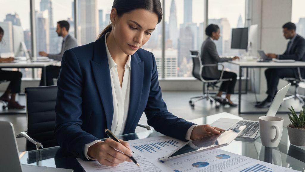 New York entrepreneur reviewing business loan documents at a modern office desk