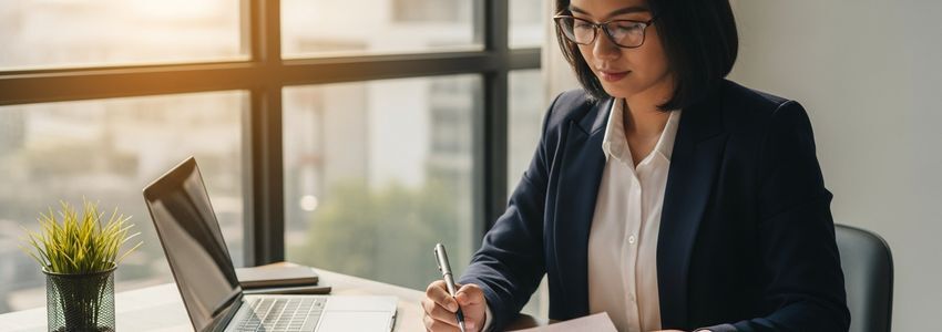 Small business owner reviewing loan documents at desk in Norwalk Connecticut office